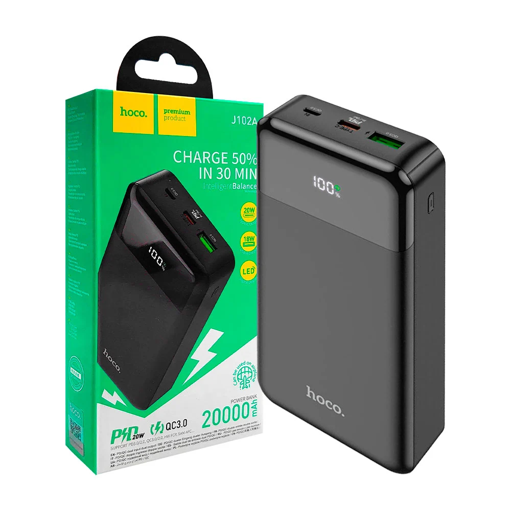 Power bank - batería portatil de 20000 mah pantalla digital, puerto usb, v8 y usb-c para carga rápida / j102a / 783622