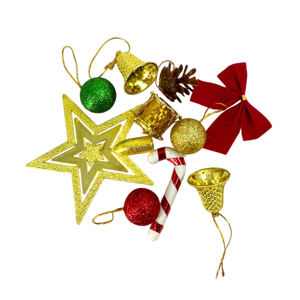Paquete con 10 adornos colgantes navideños pequeños en forma de estrella, esfera, tambor, bastón de caramelo y piñitas, variedad de colores / j3434