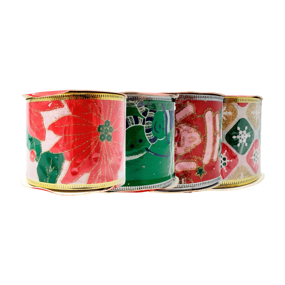 1pza Rollo de listón navideño con orilla de alambre, diseño diamantado 6.3cm x 2.7m, variedad de modelos / ribbon