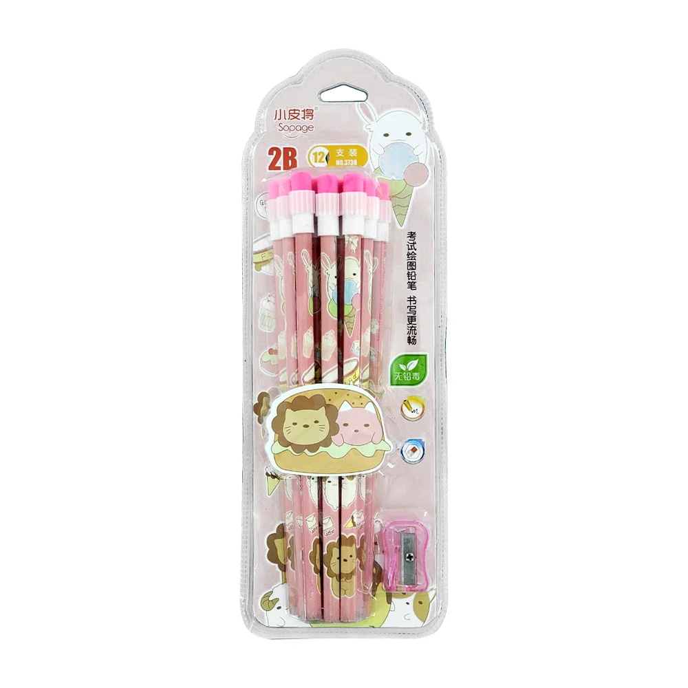 Paquete con 12 lápices de grafito con estampado animado y sacapuntas, variedad de modelos / 2039