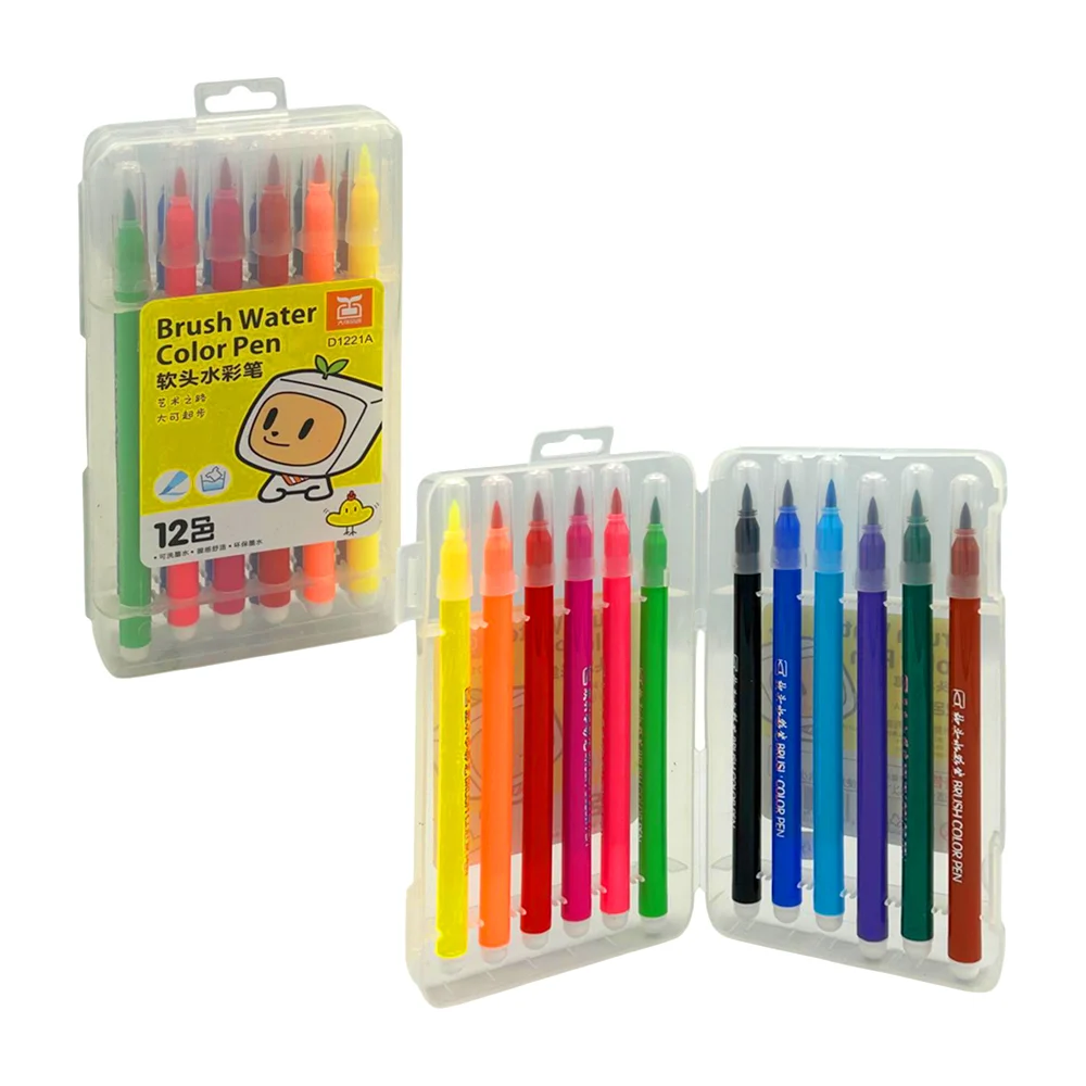 Estuche con 12 plumones marcadores de agua con punta fina, variedad de colores / brush water color pen / j619