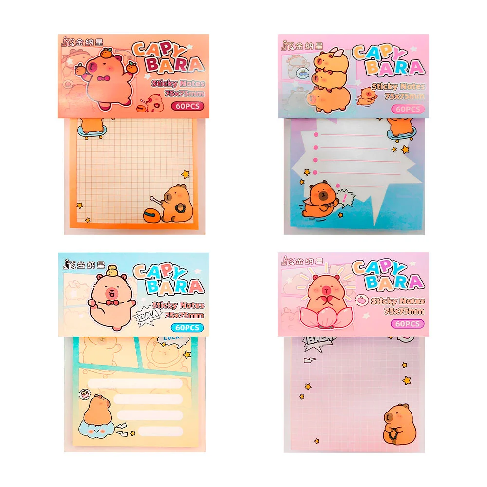 Paquete con 60 post it / notas adhesivas pequeñas, con diseño infantil, variedad de modelos / capybara / 75x75mm / sticky notes