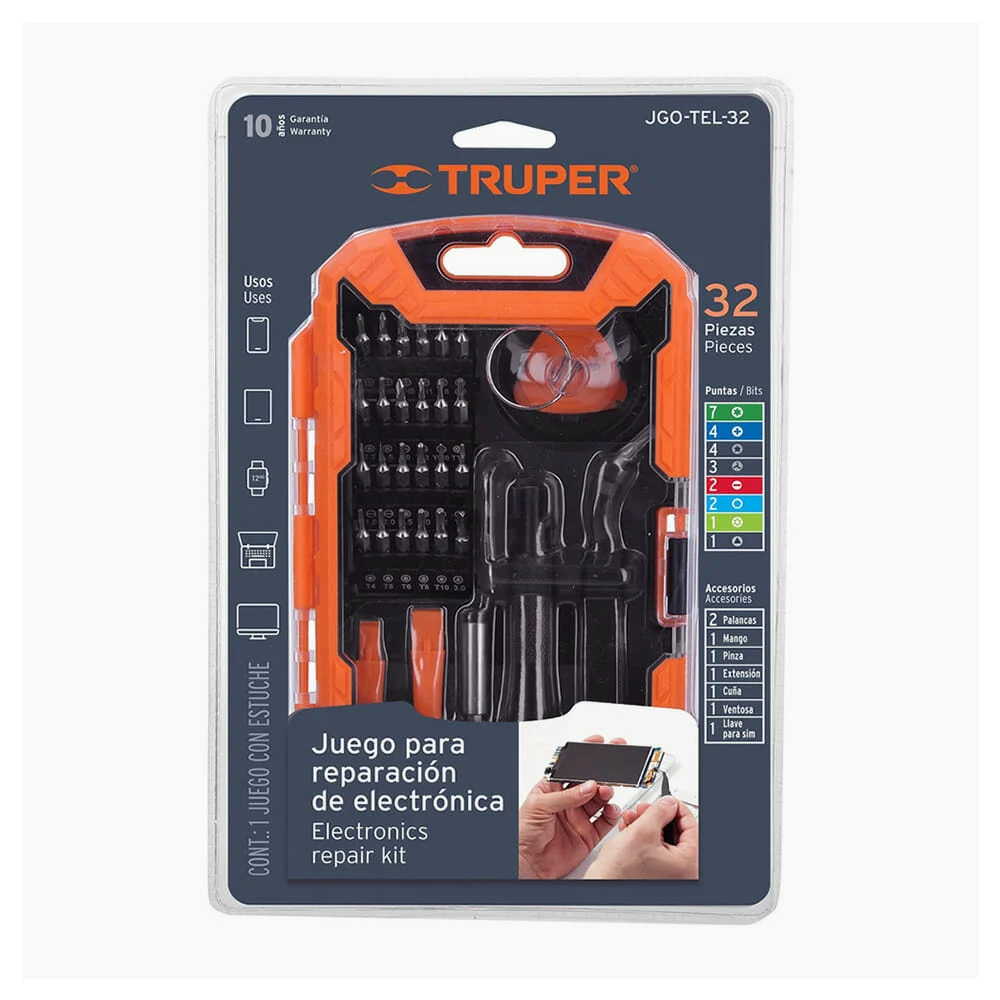 Estuche de 32 accesorios truper con 24 puntas intercambiables de precisión para reparación de télefono celular / 17762