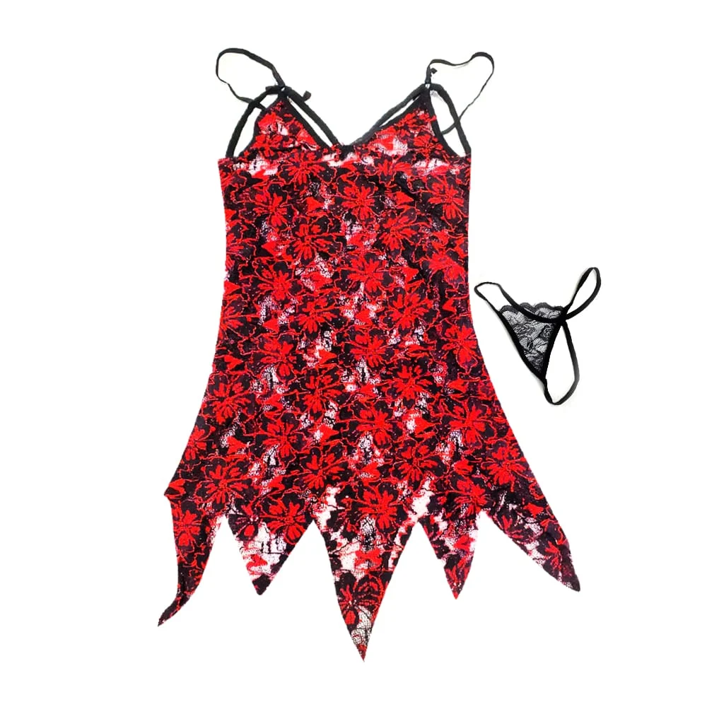 Lencería tipo falda baby doll color rojo negro con diseño de rosas flores y tanga / jiu-12026