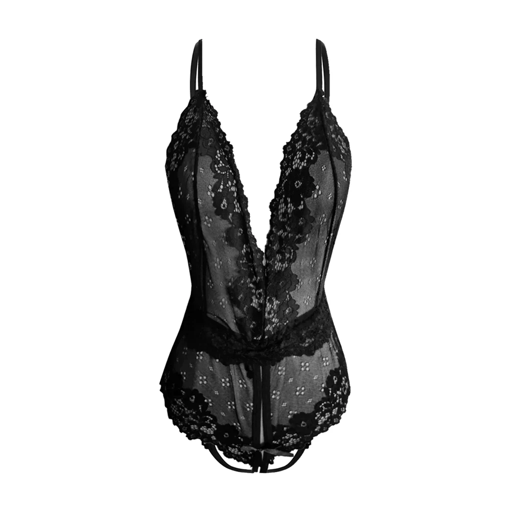 Lencería body negro de encaje con cuello en v, espalda descubierta y diseño tipo rosas flores / jiu-12049