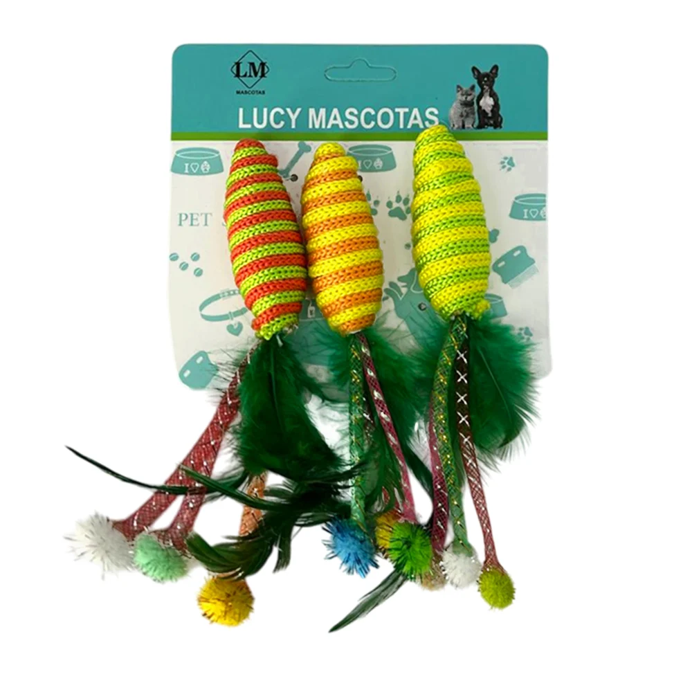 Blíster 3 juguetes interactivos de cordón tipo agujeta con plumas para gato, variedad de colores / 1833