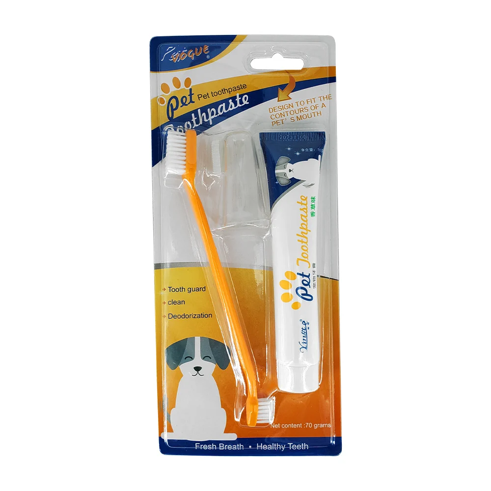 Kit de limpieza dental para mascotas con cepillo de dientes doble, cepillo tipo dedal y pasta 70g / pet joothpaste