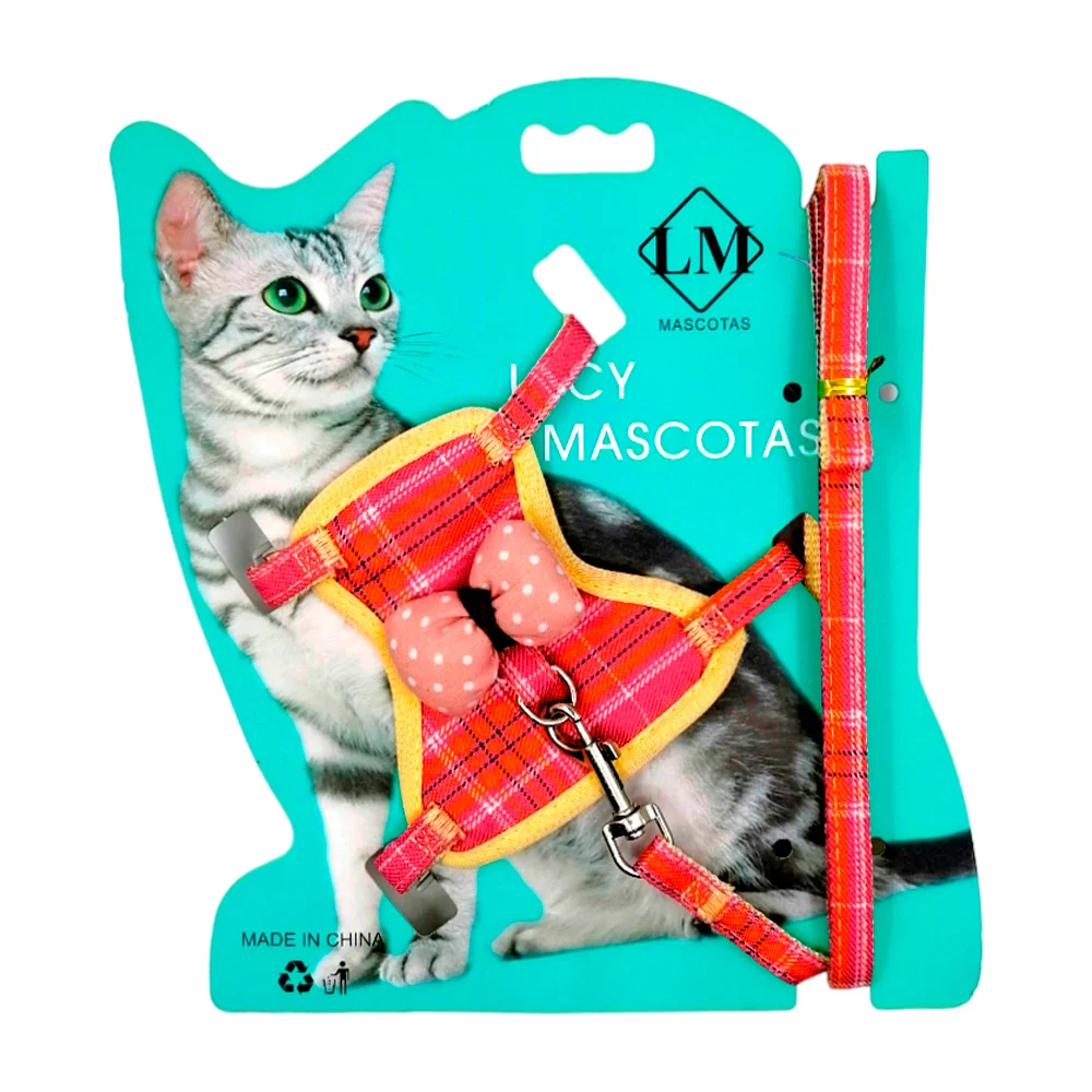 Pechera ajustable + correa de tela para mascotas con diseño tela cuadrada y moño, variedad de colores / jr2366