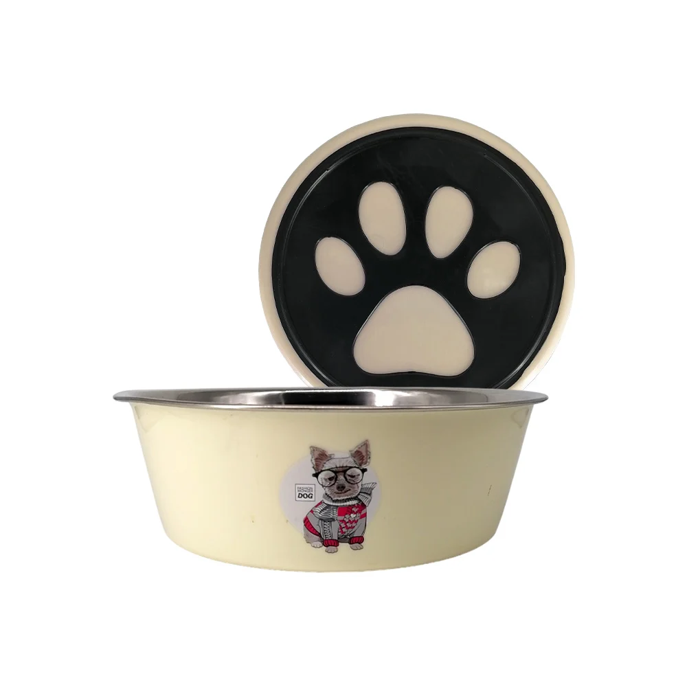 Plato redondo chico de metal 14cm con estampado de perros y huella en la base, para mascota, variedad de modelos / 2404