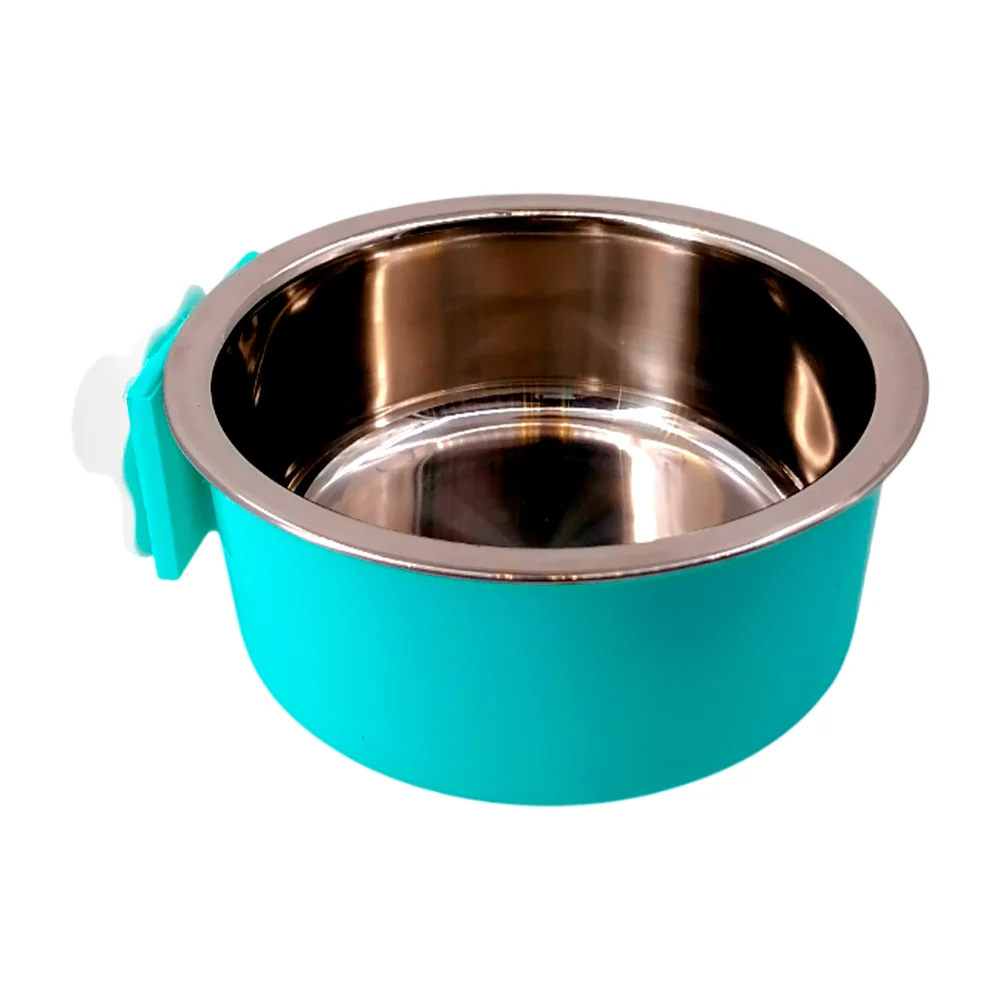 Cuenco bowl colgante de plástico para jaula con plato de acero inoxidable 13cm para mascota, variedad de colores / 2454