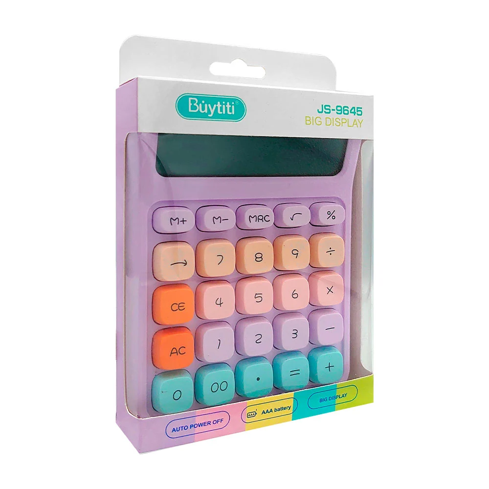 Calculadora básica con pantalla lcd grande de 12 dígitos, teclas mecánicas en colores pastel y diseño kawaii, variedad de colores / js-9645
