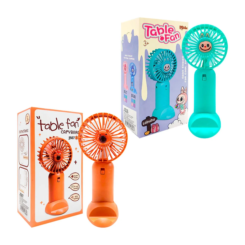 Ventilador de mano recargable con base soporte ovalado para celular, stickers y figura decorativa en forma de capibara o labubu, variedad de colores / table fan capybara