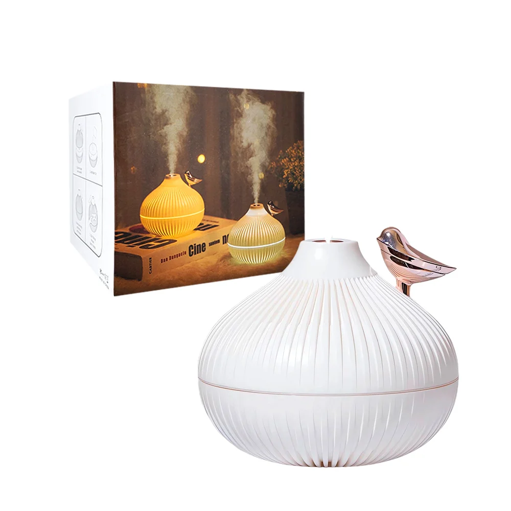 Humidificador en forma de jarrón con diseño ranurado y adorno metálico en forma de ave pajaro, capacidad de 300ml, variedad de colores