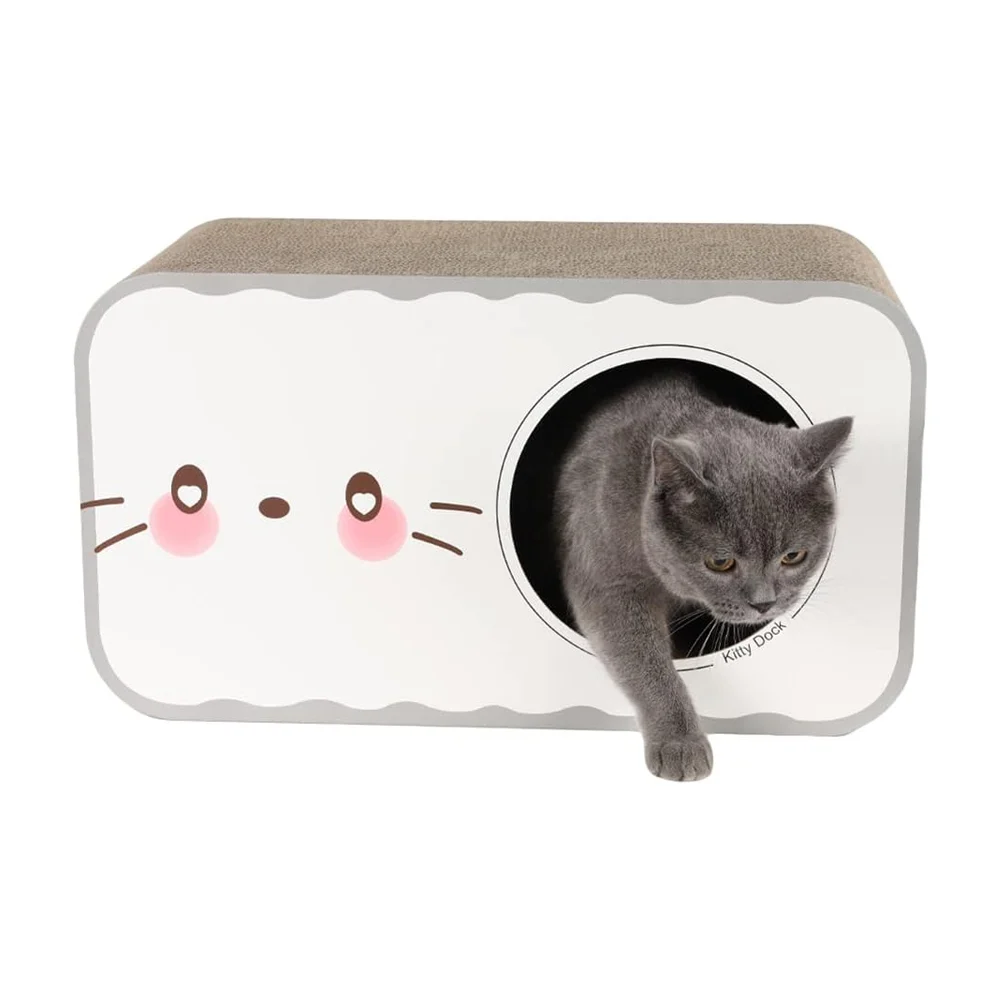 Casa rascador rectangular con doble entrada y estampada de gato para mascota / kitty dock