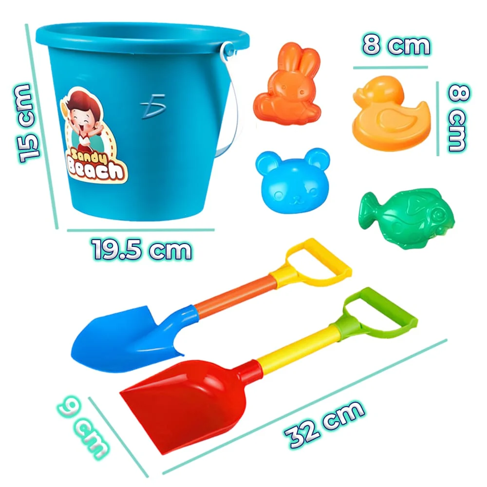 Kit juguetes de playa, 1 cubeta, 2 palas y 4 moldes con forma de animales / jug.t895