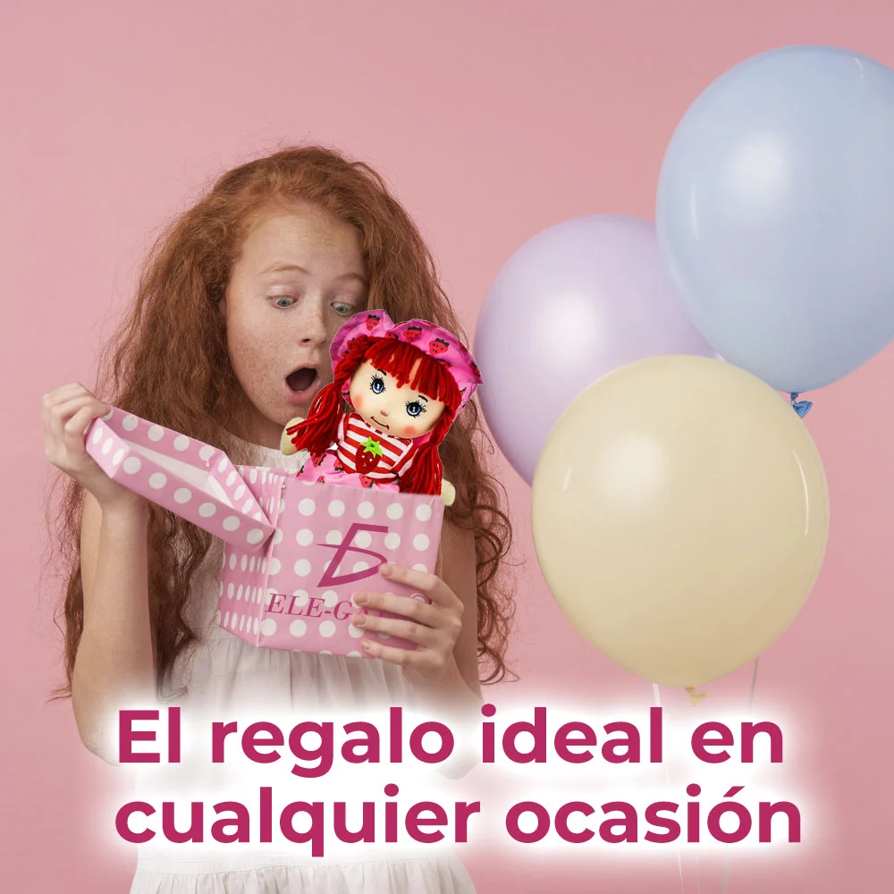 Muñeca de trapo ele-gate de 25cm con vestido y gorrito de frutas / jug.e318.25cm