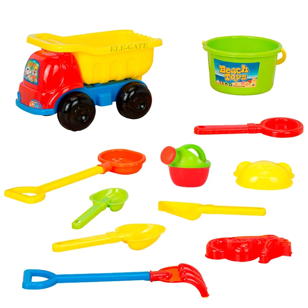 Set de playa con 11 piezas incluye camioncito, cubeta, regadera, 6 palas y 2 moldes / jug.t843