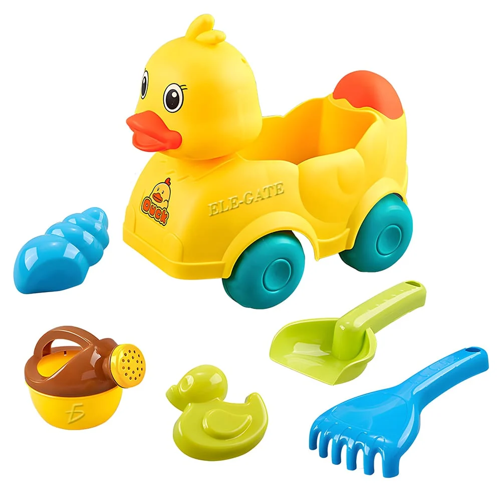 Set de playa con 5 piezas carro en forma de pato, regadera, 2 palas y 2 moldes para arena / jug.t890