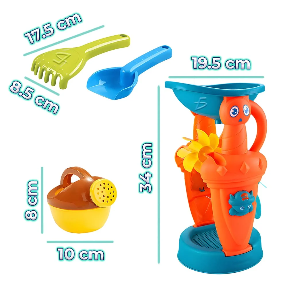 Set de playa con 2 palas, regadera, 3 moldes y molino grande para arena / jug.t893