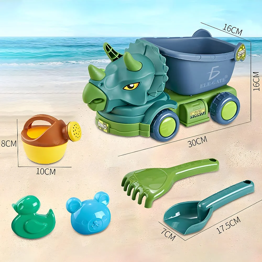 Dino set de playa con 6 piezas incluye dino camión, 2 palas pequeñas, regadera y 2 moldes / jug.t896