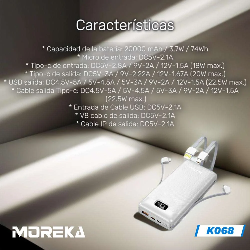 Power bank / batería portátil moreka de 20000mah / k068
