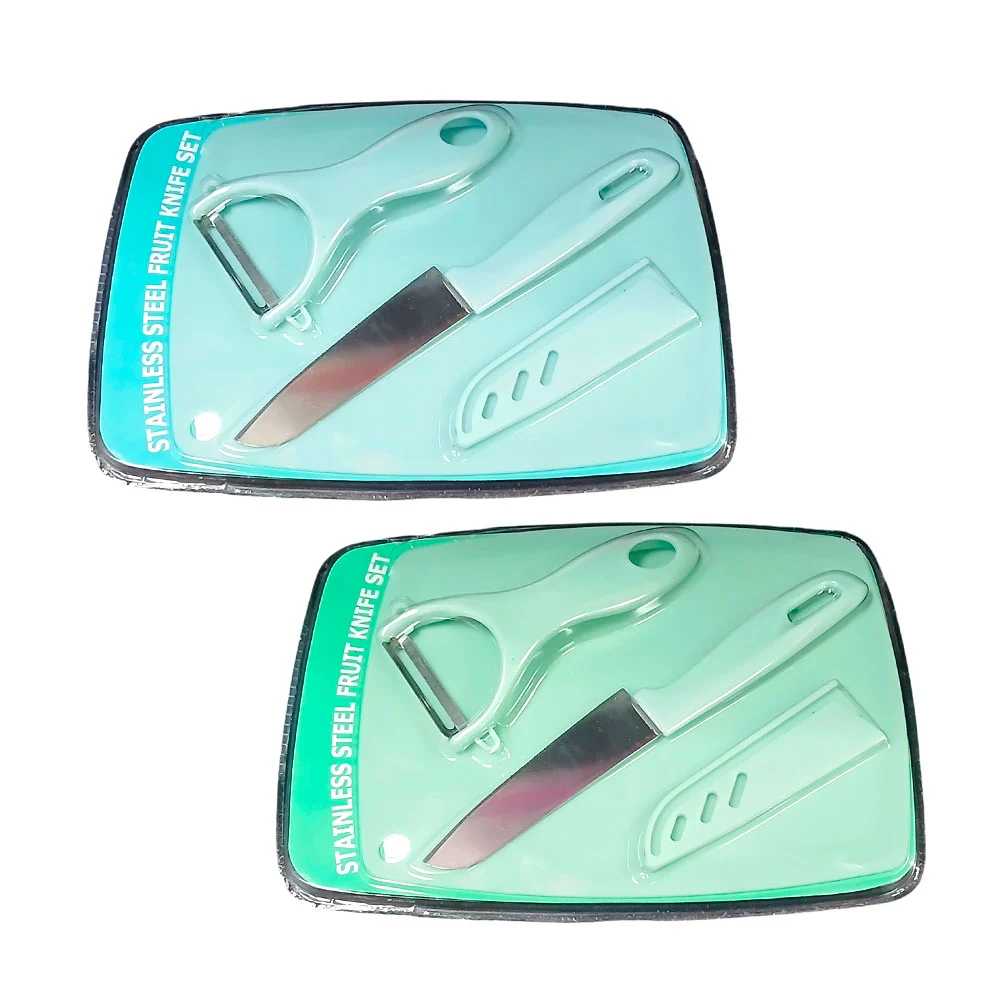 Set de 3 piezas tabla, pelador y cuchillo con protector, variedad de colores / k-703