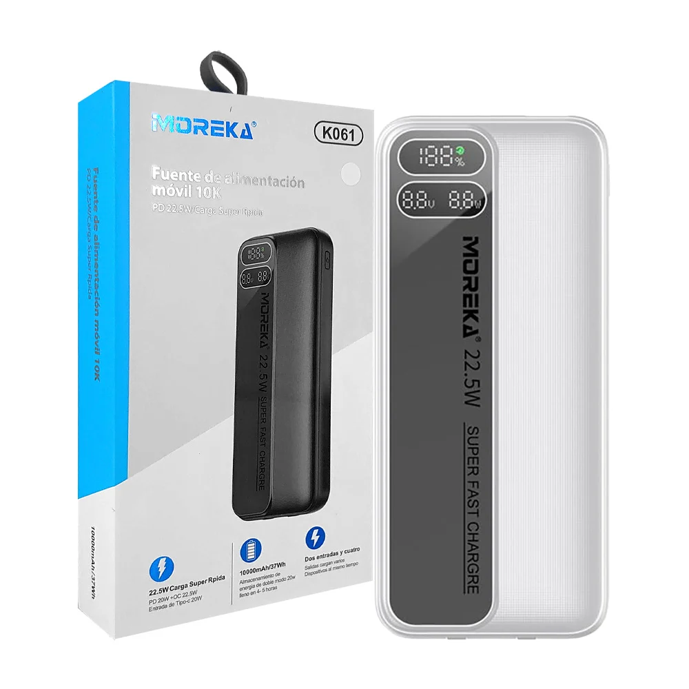 Power bank moreka batería portátil con pantalla digital, 3 puertos de diferente entrada, capacidad 10000mah, cable con entrada tipo c y lightning / k061