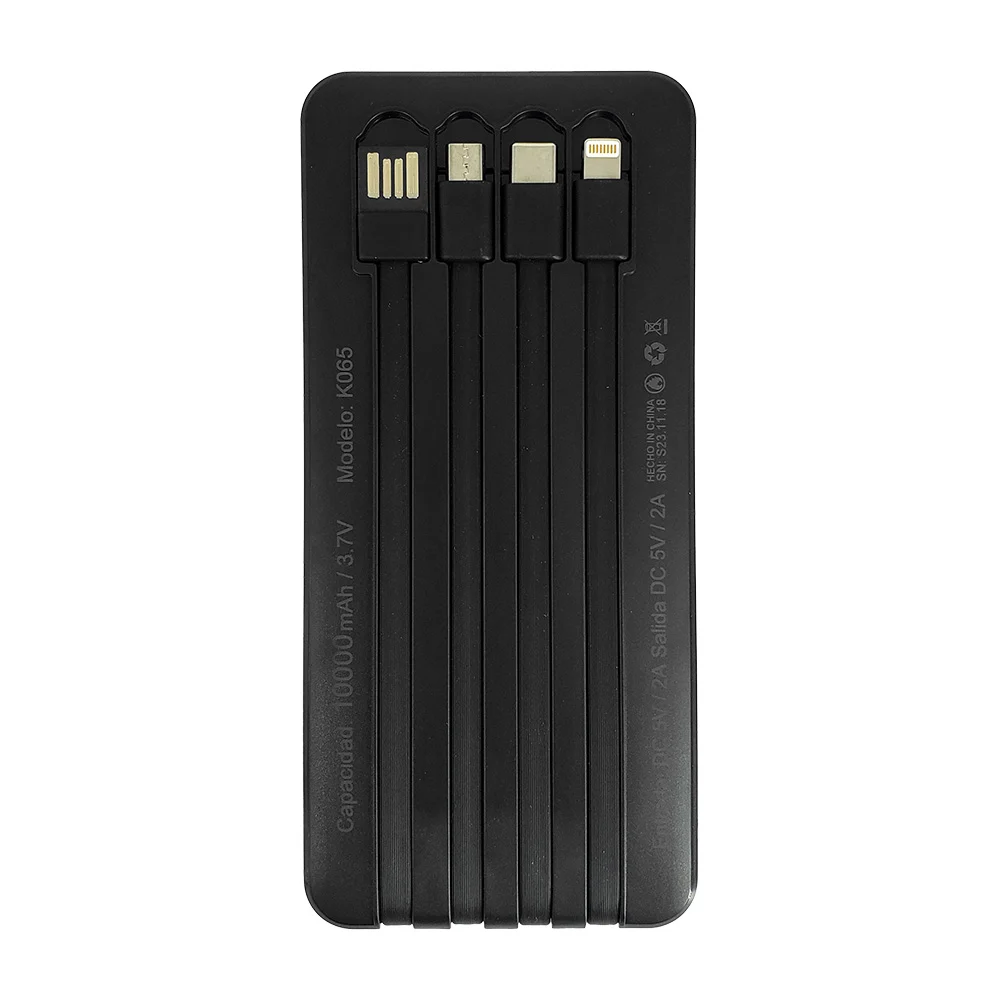 Power bank moreka de carga inteligente con cable tipo c, usb, v8 y lightning iphone + puertos usb y tipo c, 10000mah / k065