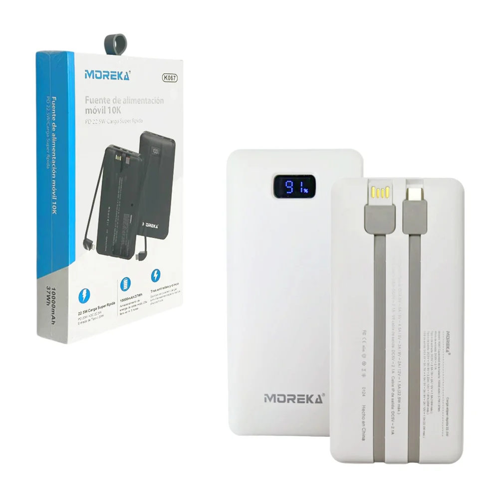 Power bank moreka de 10000mah con salidas usb, tipo-c, v8 y lightning con carga rapida / k067