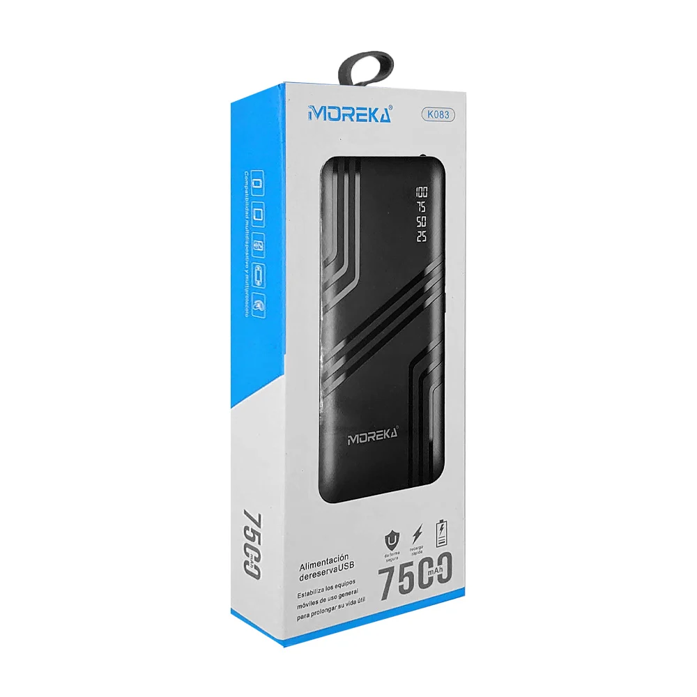 Power bank moreka batería portátil con capacidad 7500mah, linterna, 2 puertos usb, entrada tipo c y v8, variedad de colores / k83