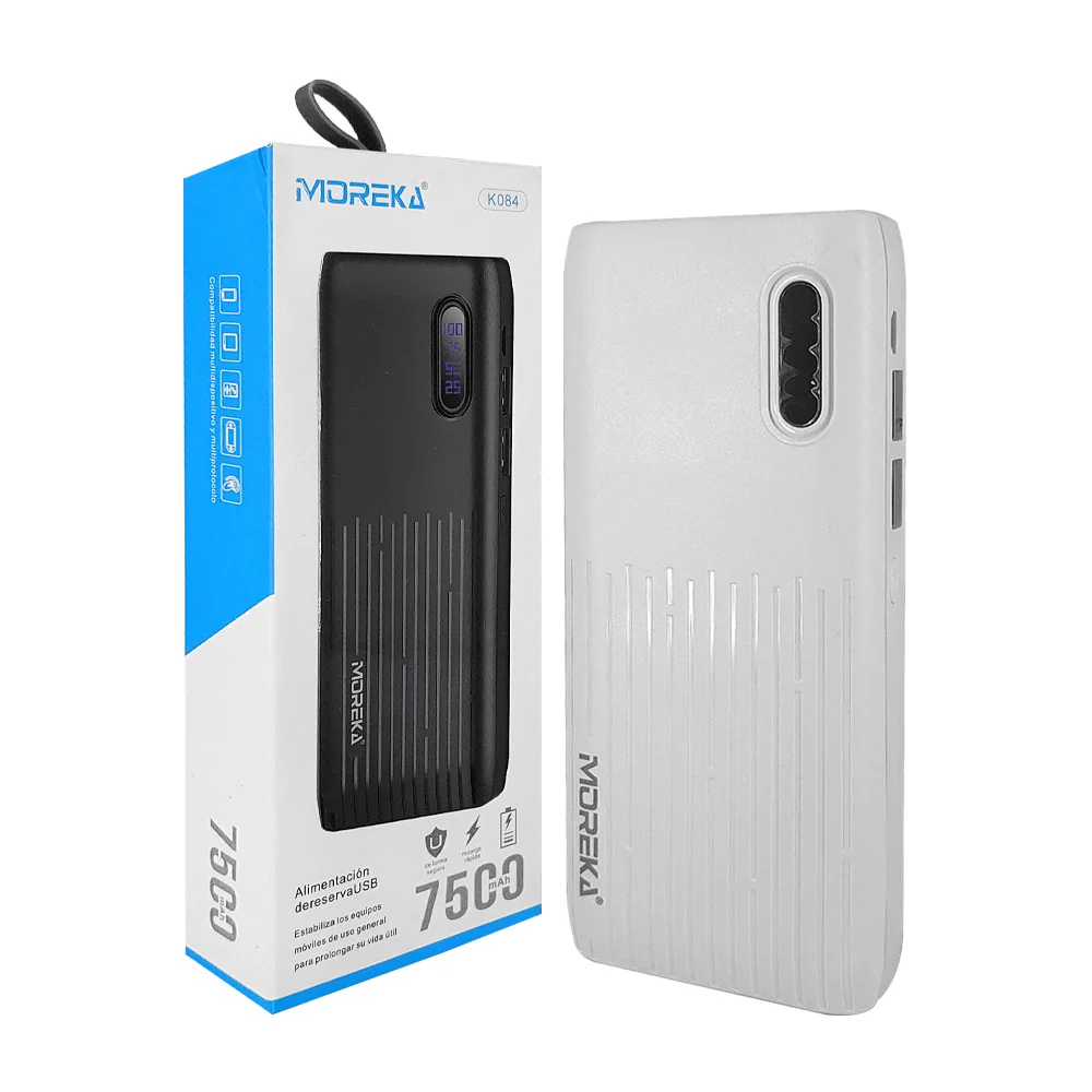 Power bank moreka batería portátil con capacidad 7500mah, linterna y 2 puertos usb, variedad de colores / 410159 / k084