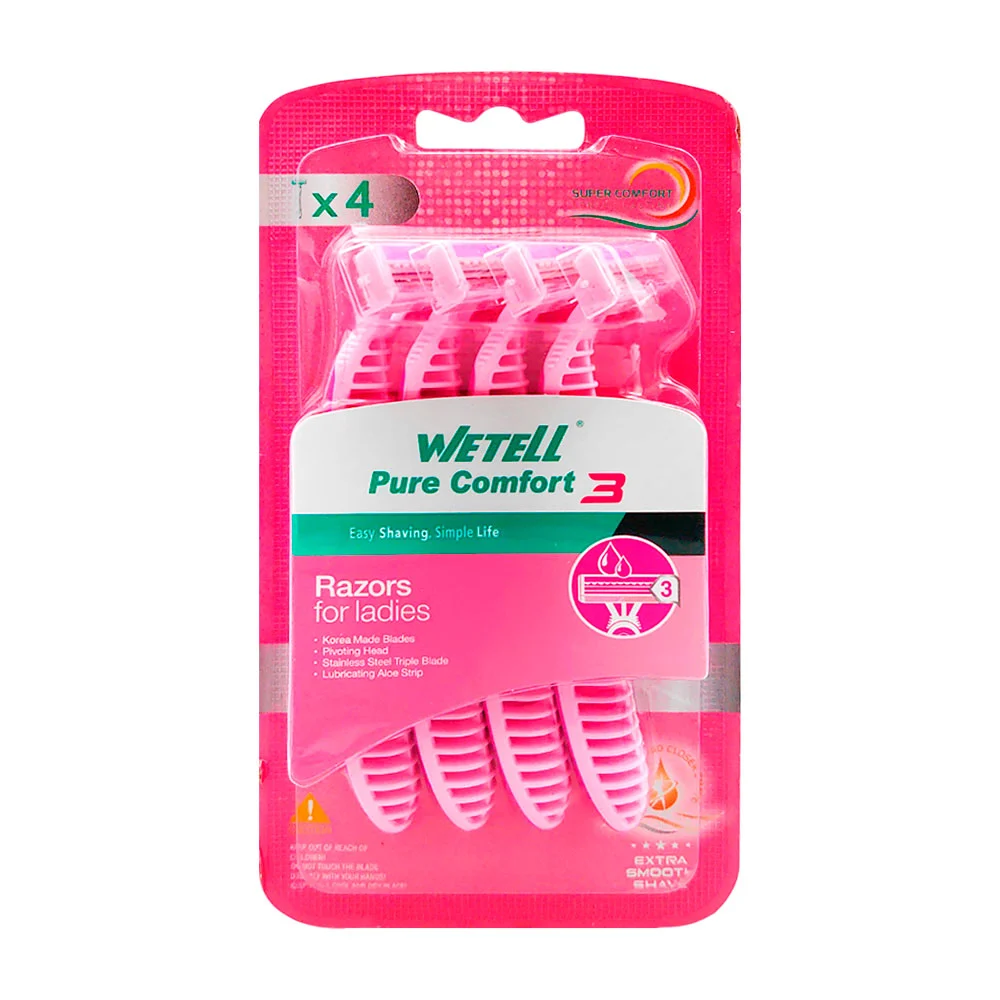 Blíster de 4 rastrillos para dama con 3 hojas metálicas, diseño curvo y ergonómico, variedad de usos / wetell / wt202225