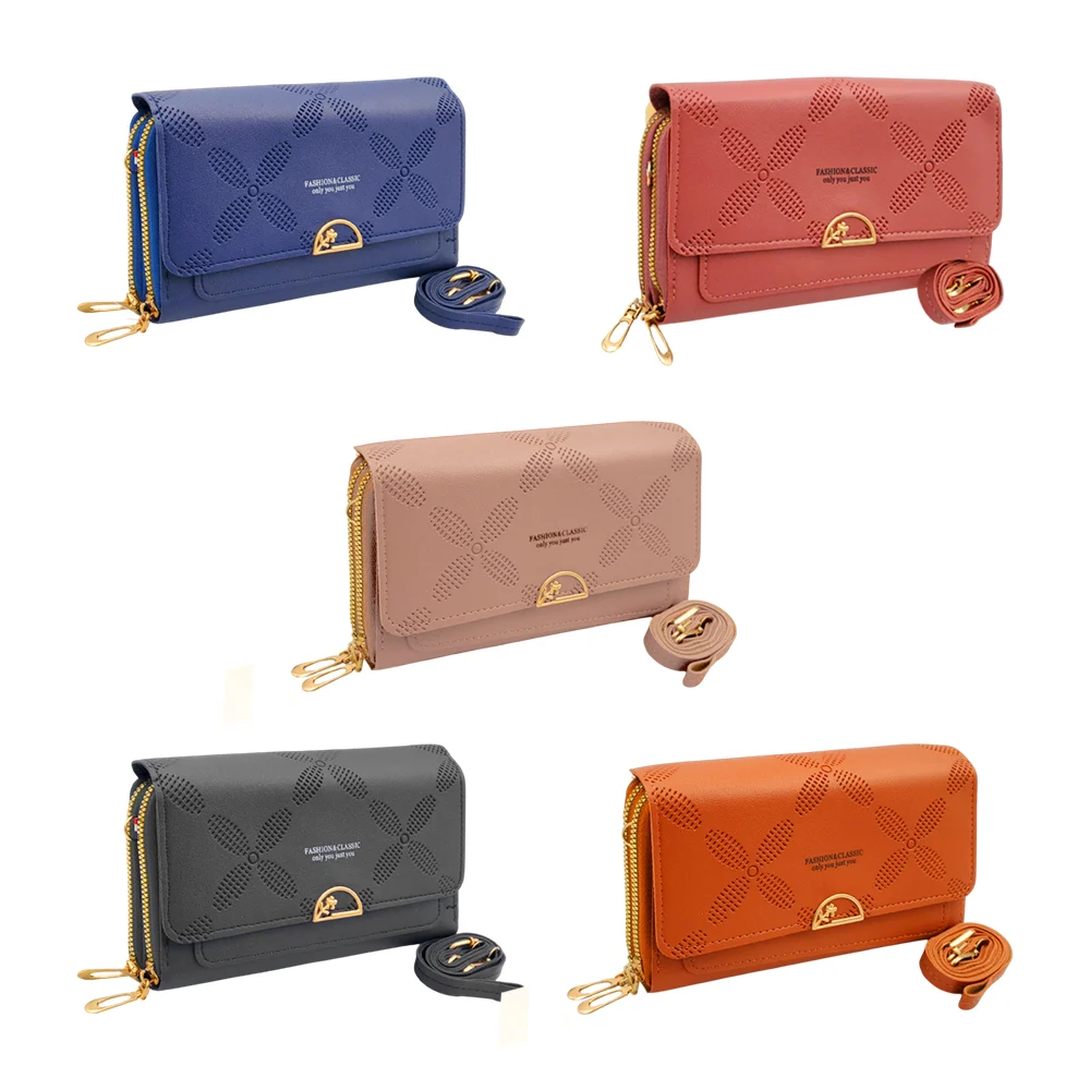 Cartera para dama con 3 compartimentos, relieves en forma de flor y broche dorado, variedad de colores / kb-5067# / fashion & classic