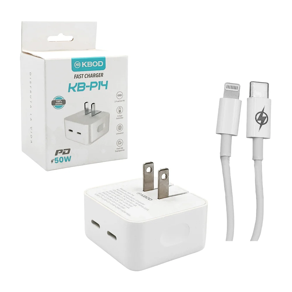 1pza Combo cargador kbod, con cubo cargador de 2 entradas y cable cargador de salida a lightning y entrada tipo c, variedad de usos / pd 50w / kbod / fast charger