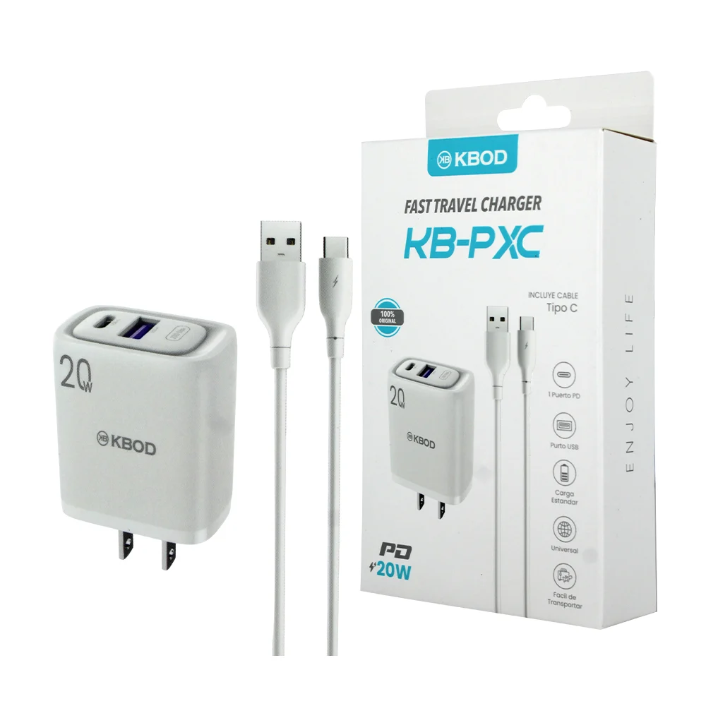 Combo cargador de carga rápida con puerto usb y tipo c + cable tipo c y usb / kbod / kb-pxc