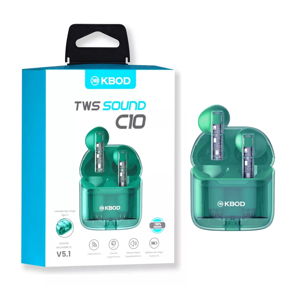 Audífonos inalámbricos bluetooth con diseño ergonómico + estuche de carga translucido y cable de carga con entrada tipo c / kbod / tws sound c10 / kb-tws-c10