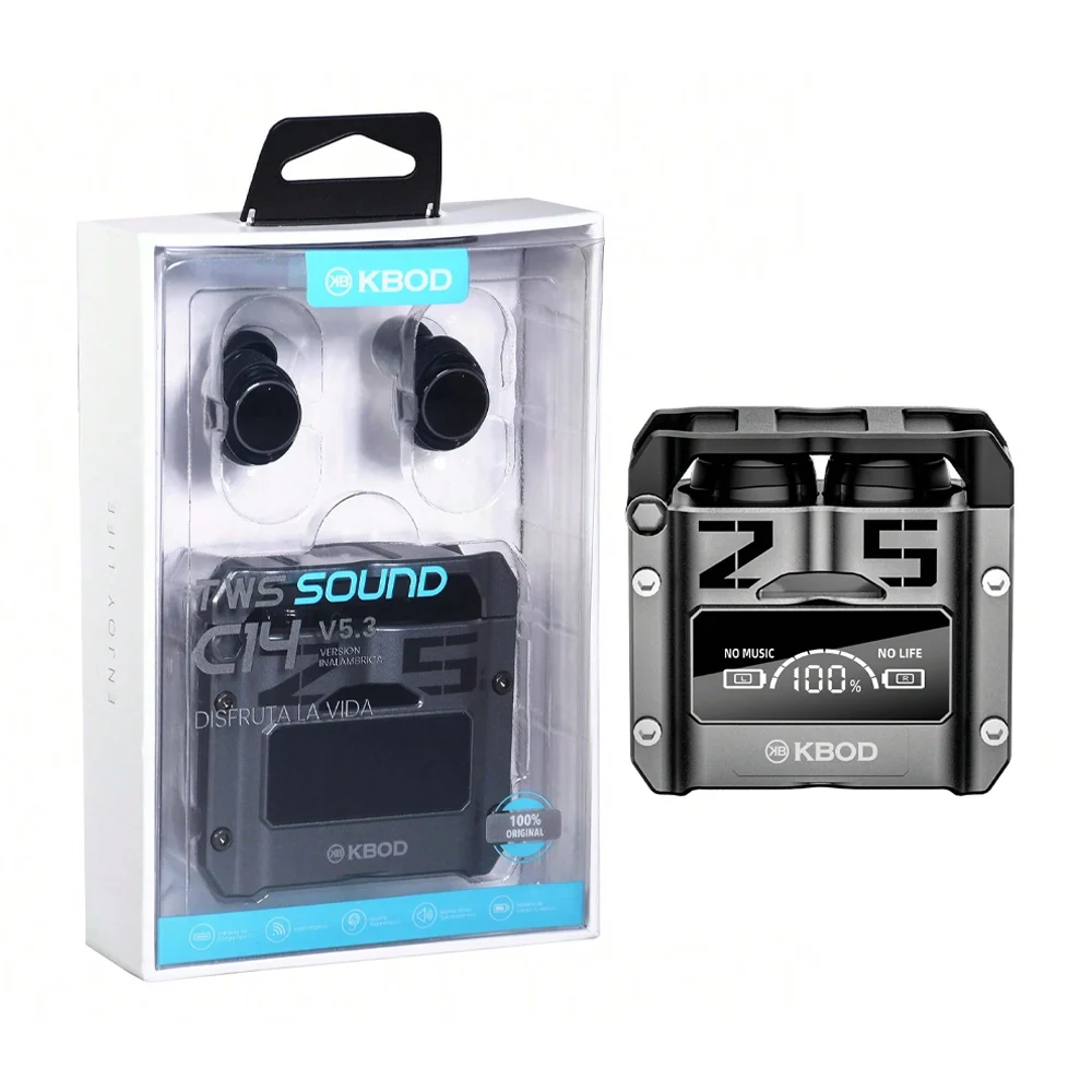 Audífonos inalámbricos bluetooth con diseño ergonómico + estuche de carga con pantalla digita y cable de carga con entrada tipo c / kbod / tws sound c14 / kb-tws-c14