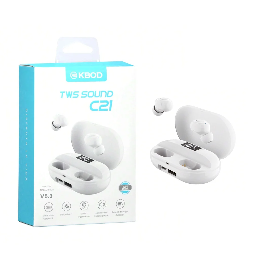 Audífonos inalámbricos bluetooth con diseño ergonómico y estuche de carga con pantalla digital, variedad de colores y funciones / kbod / tws sound c21 / kb-tws-c21