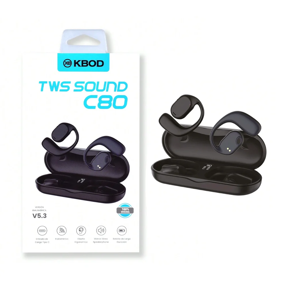 Audífonos inalámbricos bluetooth con diseño ergonómico y estuche de carga con pantalla digital / kbod / tws sound c80 / kb-tws-c80