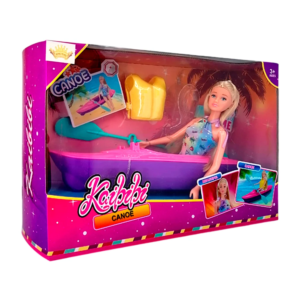 Muñeca tipo barbie kaibibi con canoa y accesorios / happy time / wg224