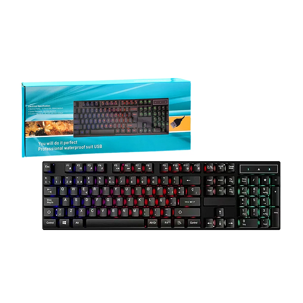 Teclado alámbrico de membrana con luz rgb teclas ergónomicas, conexión usb, aprueba de agua, en color negro / kb48