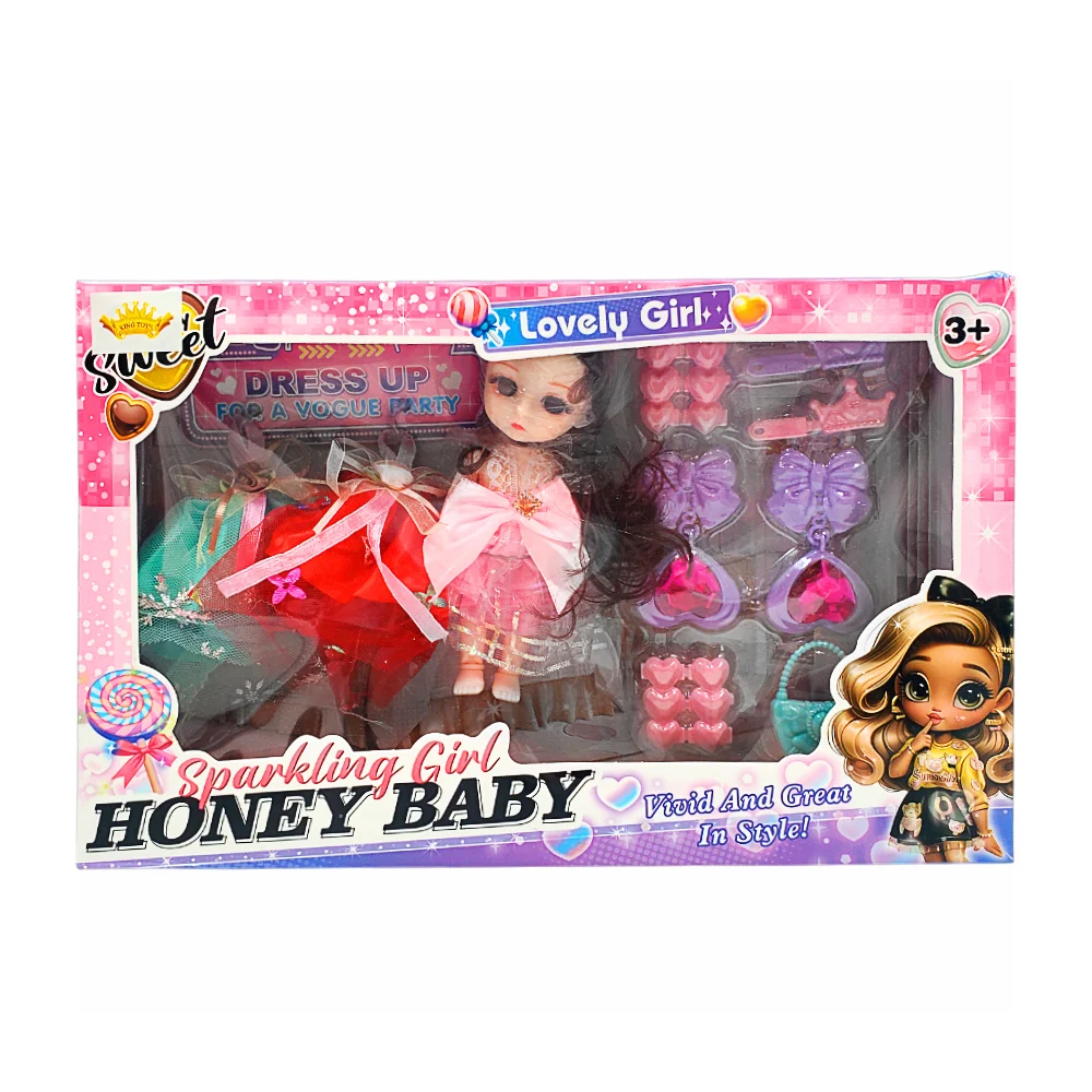 Set con pequeña muñeca articulada + 3 vestidos intercambiables, bolsa de mano, pasadores y aretes infantiles, variedad de modelos / honey baby / kd244108