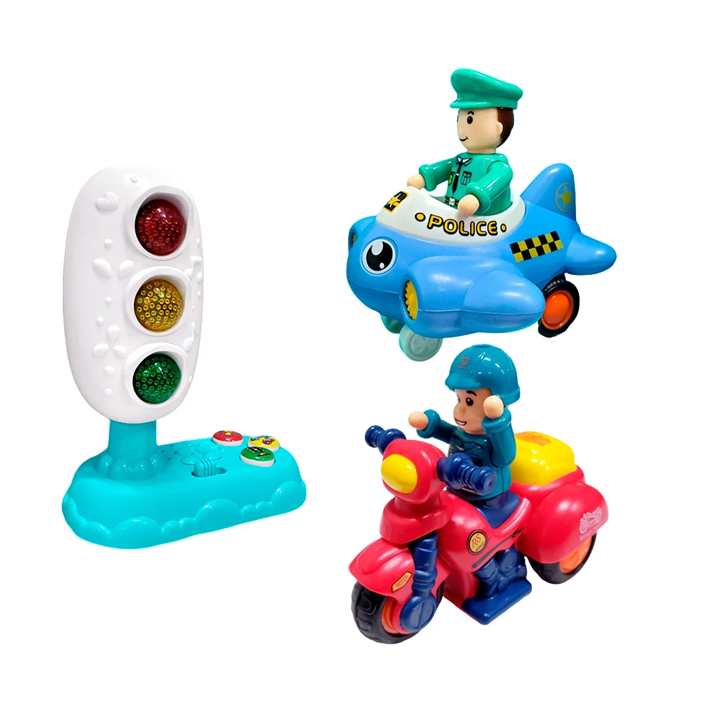 Set de semáforo musical con luces y sonido + avión y motocicleta con muñeco / traffic series / kj214136
