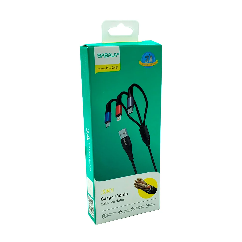 Cable de datos sabala con entrada tipo c, v8 y lightning, 3 en 1, 3a / kl-243