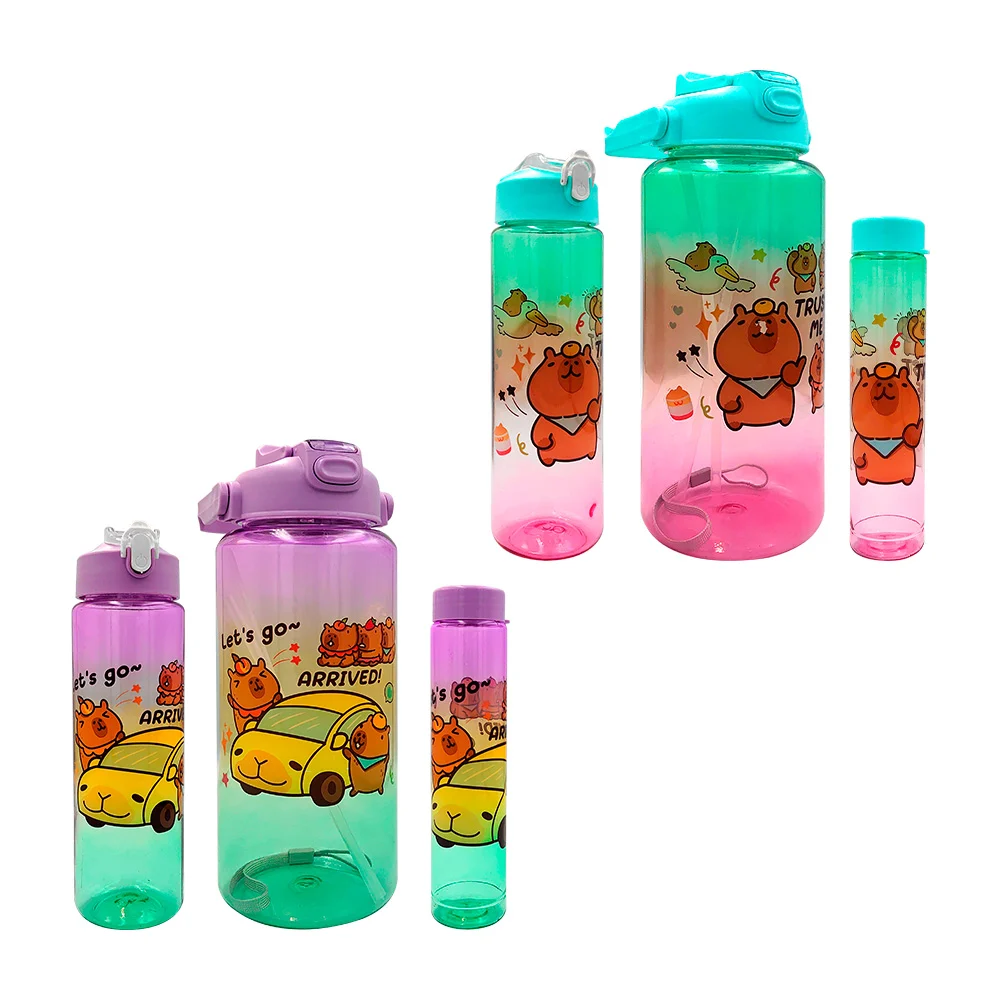 Juego de 3 botellas tricolor de plástico con estampado de capibaras, variedad de modelos / kpbl-015