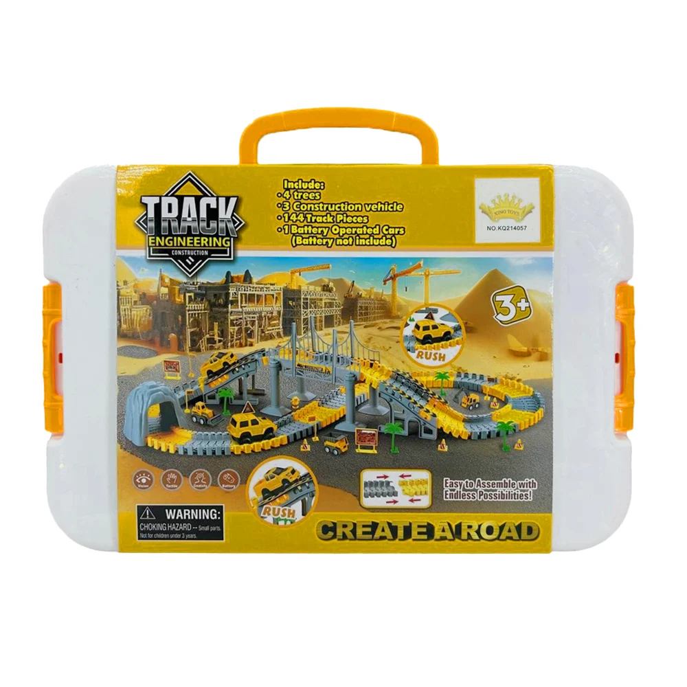 Pista armable con 144 piezas + 3 vehículos de construcción, carro de batería y accesorios / track engineering / gd-180a