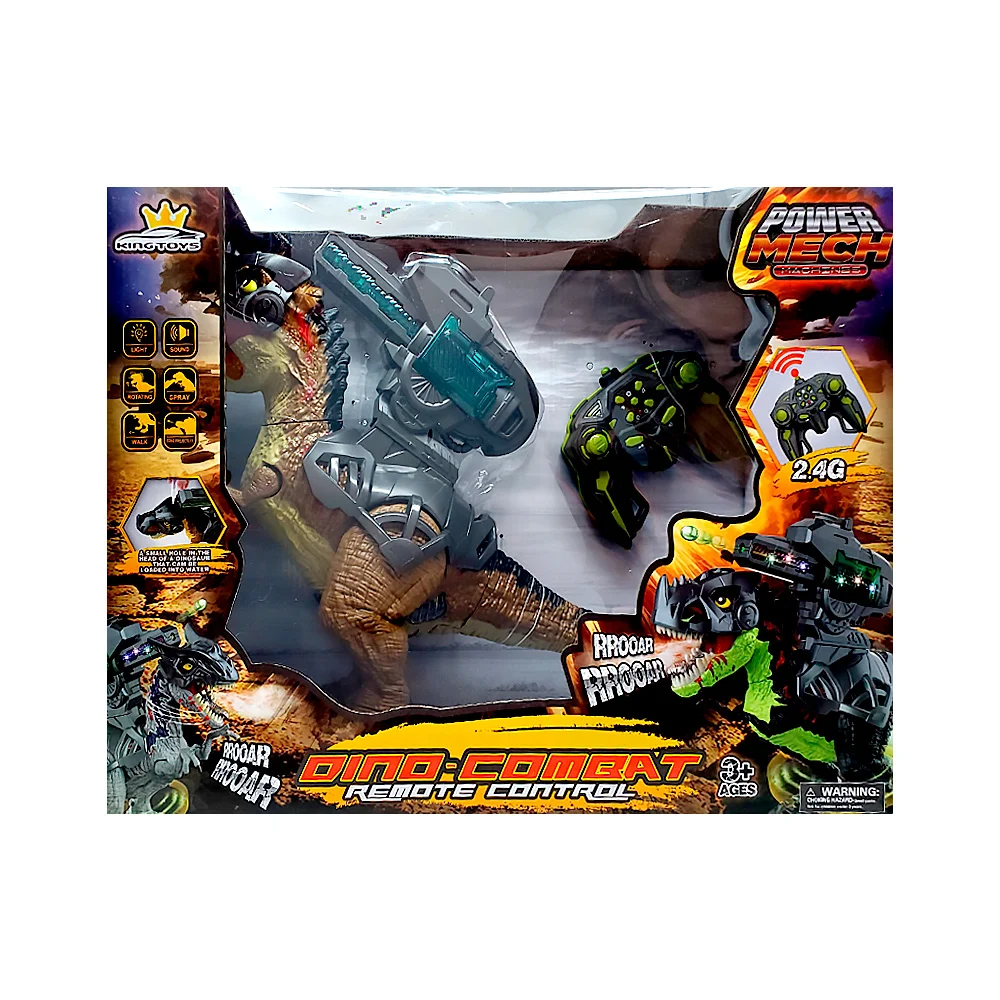 Dinosaurio movil a control remoto con luces, sonido y lanzador de spray + pistola lanzadora de bolitas de hidrogel equipada / dino - combat / kq223054
