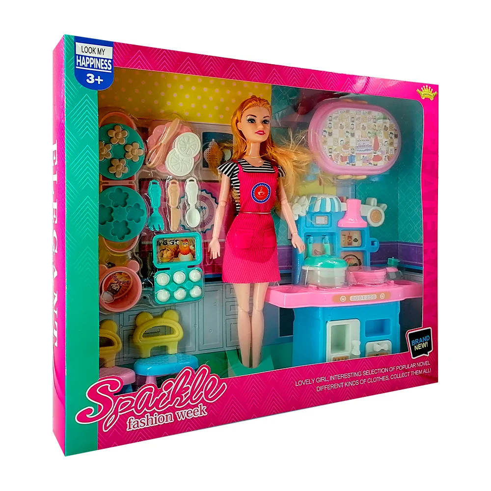Muñeca articulada spaikle tipo barbie chef cocinera con alimentos, utensilios, cocina y accesorios / fashion week / ky244177