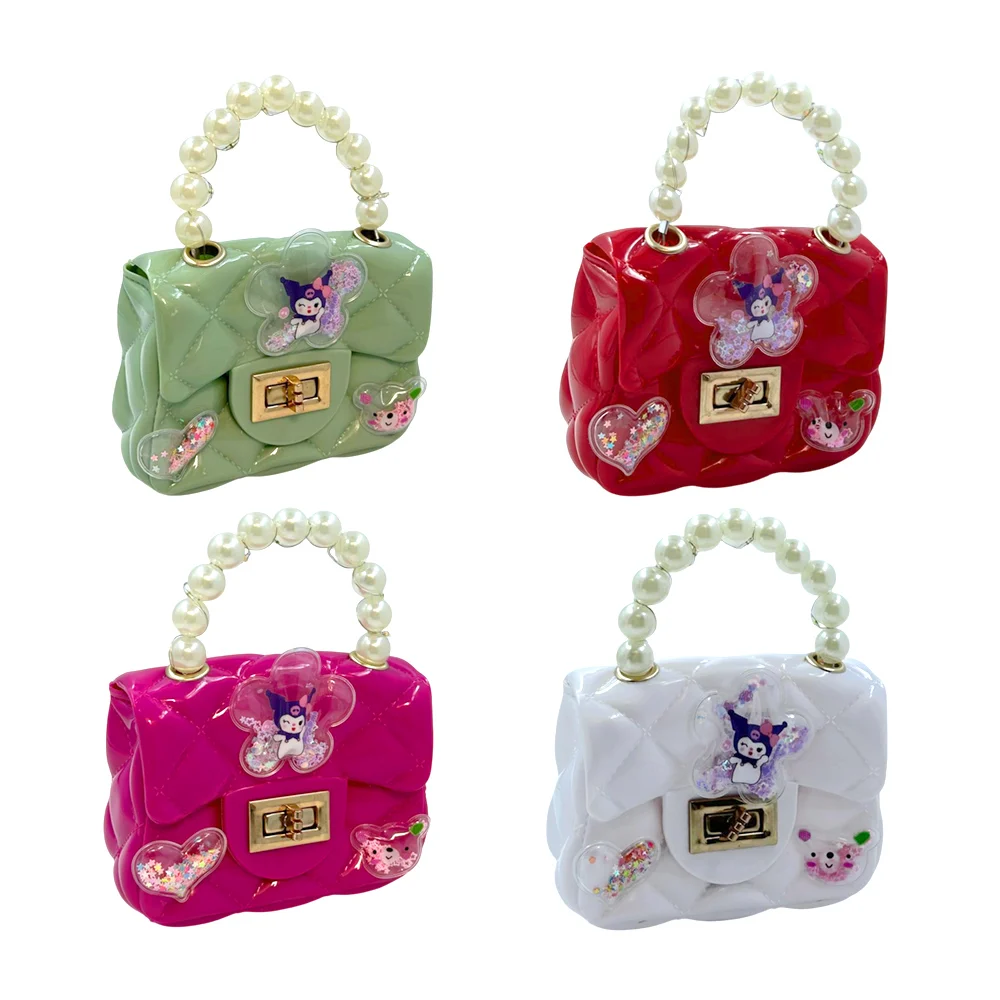 Mini bolsa de mano plastificada con diseño relieve de rombos + asa de perlas, correa cadena, figuras estampadas de kuromi con encapsulado y luz led rgb, variedad de modelos / l-45