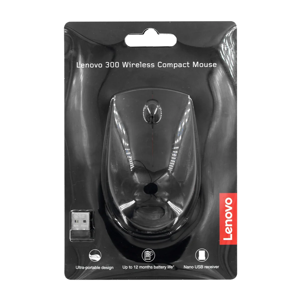 Mouse inalámbrico compacto lenovo 300 en color negro con via usb, 1600dpi / l300